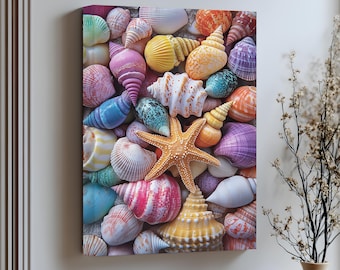 Lienzo con conchas marinas de colores: decoración costera con estrellas de mar