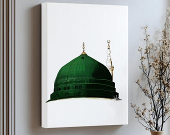 Green Dome Mosque Canvas Art: Elegant Islamic Wall Decor with Floating Frame