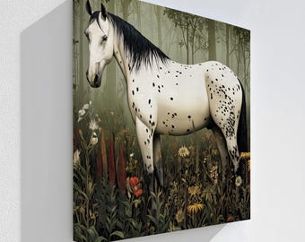 Cuadro de caballo moteado: Estampado floral de bosque, decoración rústica de pared.