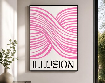 Illusion Framed Canvas Wall Art, Pink Optical Line Print, Retro Geometric Decor for Bedroom Living Room