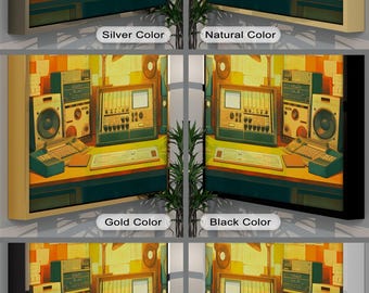Retro Audio Equipment Canvas Art: Gold Frame, Vintage Music Studio