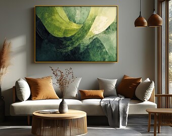 Green Abstract Canvas Art: Textured Modern Painting with Floating Frame