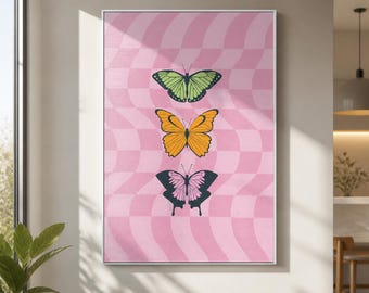 Butterfly Framed Canvas Wall Art, Pink Retro Print, Groovy Botanical Decor for Bedroom Dorm Room Living Room