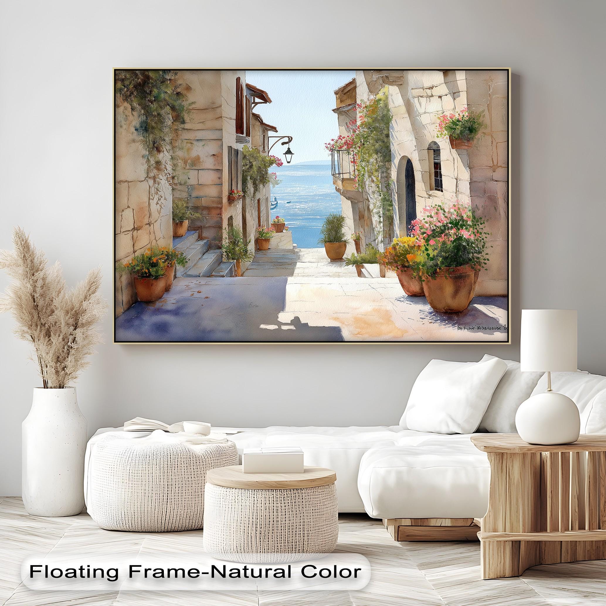 Mediterranean Coastal Canvas Wall Art: Sunny Sea View Alley With