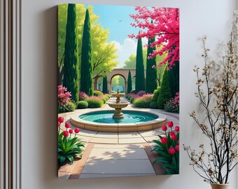 Gartenweg-Leinwandbilder: Brunnen- und Torbogen-Leinwanddrucke – Goldgerahmte Kunstwerke