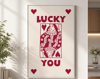 Lucky You Framed Canvas Wall Art, Red Playing Card Print, Retro Love Poster, Romantic Casino Decor for Bedroom Living Room