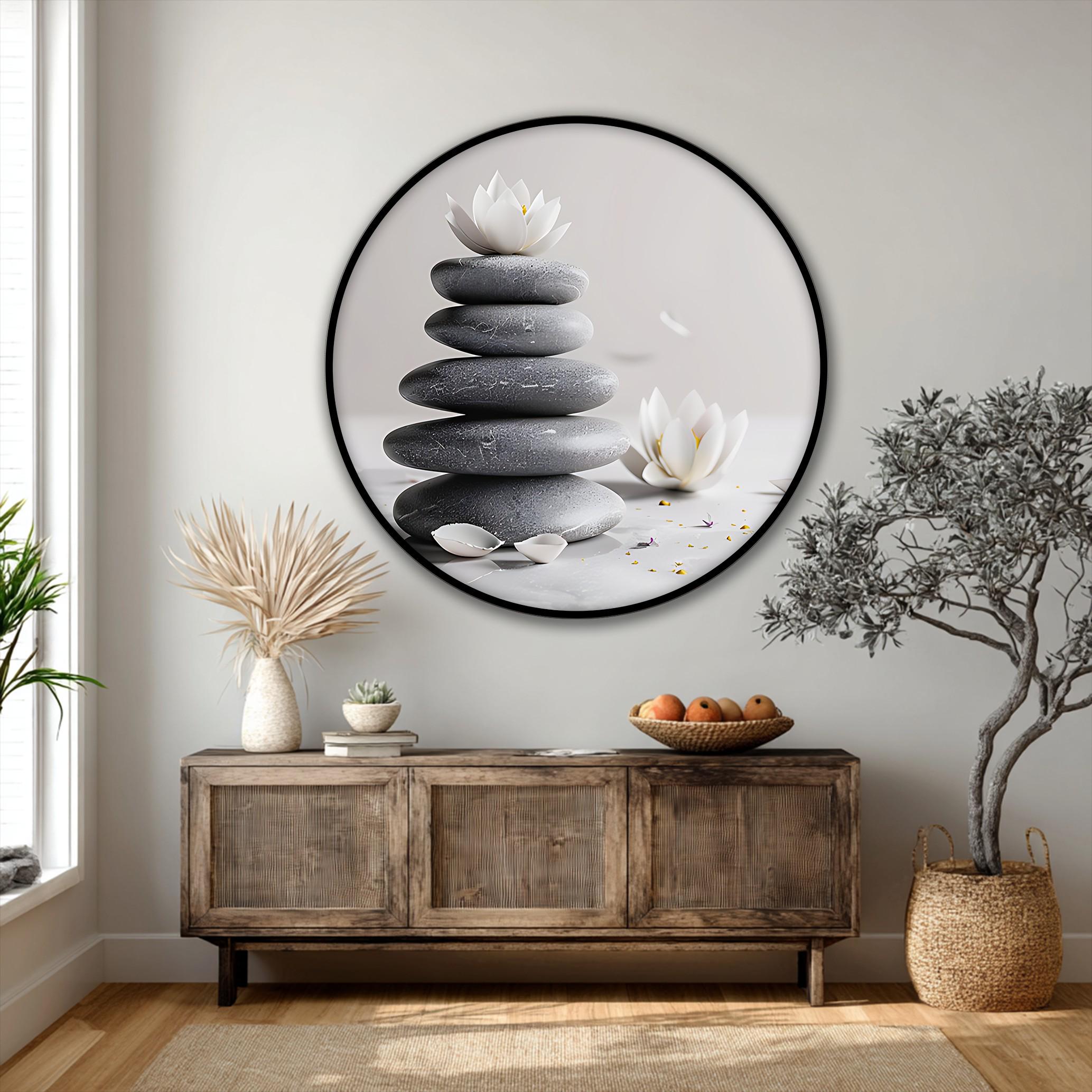 Zen Stone Balance Round Wall Art, Lotus Flower Spa Decor, Framed Canvas ...
