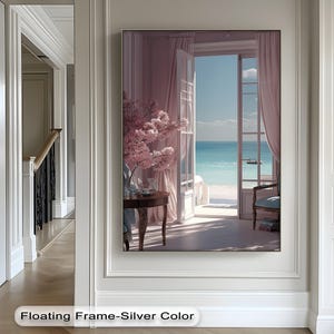 Quadro su tela con vista romantica sull'oceano - Elegante scena di finestra con decorazioni floreali in cornice dorata verticale per soggiorno o camera da letto, quadro su tela