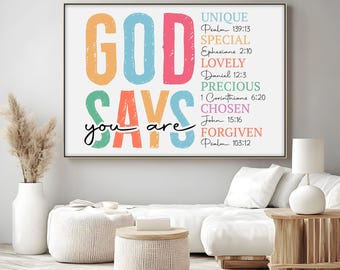 God Says You Are Canvas Art: Christian Scripture, Colorful Religious Home Decor