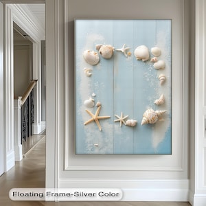 Rustic Seashell Canvas Frame Wall Art, Starfish and Coastal Shells on Blue Wood Poster, Canvas & Framed Print