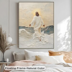 Gesù che cammina sull'acqua - Stampa su tela cristiana con cornice bianca per decorazioni domestiche fedeli e spirituali, stampa su tela da parete