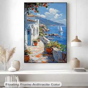 Quadro da parete con sentiero costiero mediterraneo - Tela verticale con cornice e vista mare, cornice bianca, decorazione da parete con barca a vela pronta da appendere