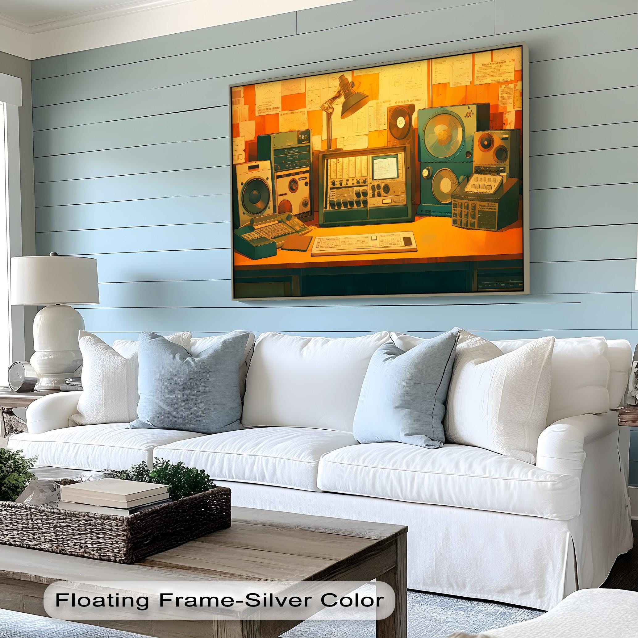 Retro Audio Equipment Canvas Art: Gold Frame, Vintage Music Studio