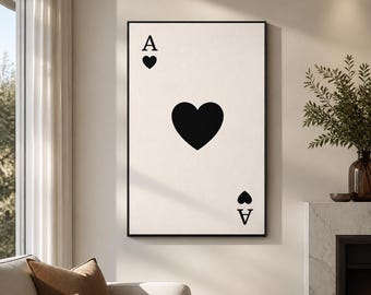 Ace of Hearts Framed Canvas Wall Art, Black White Playing Card Print, Minimalist Casino Decor for Bedroom Game Room