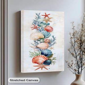 Vertical Seashell Wall Art, Colorful Beach Shells and Starfish Poster, Canvas & Framed Print for Coastal Decor