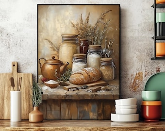 May include: A framed still life painting depicting a rustic kitchen scene. The artwork shows a copper teapot, jars of flour and grains, a loaf of bread, and kitchen utensils. The colour palette is warm, with browns, tans, and creams.