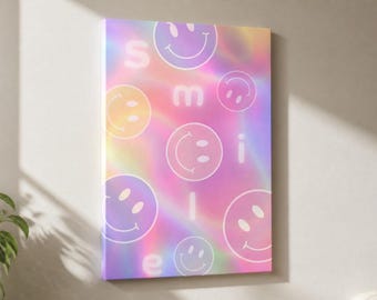 Pastel Smiley Face Framed Canvas Wall Art, Colorful Happy Print, Y2K Groovy Decor, Cute Bedroom Dorm Room Wall Art