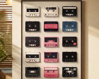 Retro Cassette Tape Framed Canvas Wall Art, Vintage Music Print, 80s 90s Decor, Colorful Music Room Bedroom Wall Decor
