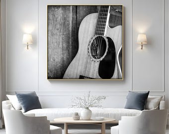 Black and White Acoustic Guitar Print: Music Room Canvas or Poster