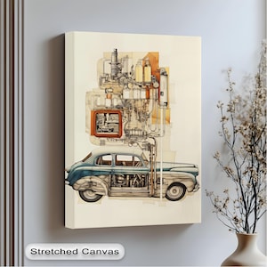 May include: A stretched canvas art print featuring a vintage car design with a complex mechanical structure extending upwards. The artwork is in muted tones of blue, beige, and brown, with the text "Stretched Canvas" at the bottom.