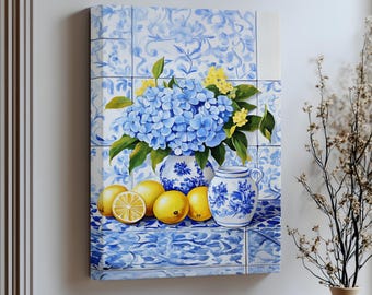 Blue Tile Kitchen Art: Lemons & Hydrangeas, Mediterranean Print - Etsy