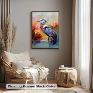 Arte murale colorata con airone - Tela astratta con uccello, poster con natura vibrante o stampa incorniciata per soggiorno o bagno, decorazione audace con fauna selvatica