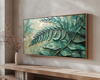 Embossed Green Leaf Canvas Art: Panoramic Botanical Wall Decor, Black Frame