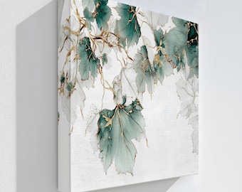 Groen en bladgoud canvas muurkunst: moderne botanische zwevende lijst