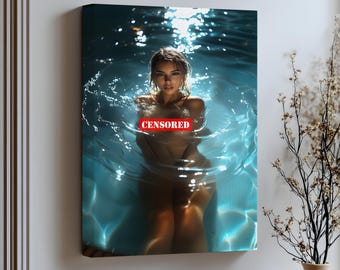 Sensual Woman Canvas Artwork: Moody Blue Water Reflection, Black framed wall art