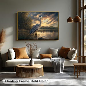 Blauer Reiher Sonnenuntergang Leinwand oder Poster - Serene See Landschaft Wandbild | Naturinspirierte gerahmte oder ungerahmte Wohnkultur für Wohnzimmer