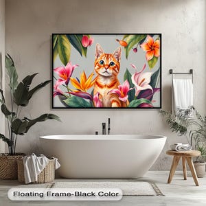 Orange Tabby Cat Floral Canvas Wall Art: Tropical Botanical Print
