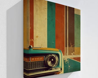 Retro Car Wall Art on Canvas, Colorful Vintage Auto Design with Black Frame, Mid-Century Style Artwork for Modern Living Spaces