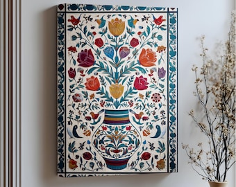Stampe su tela con vaso floreale ottomano: arte murale su tela in stile ceramica turca con opere d&#39;arte con cornice