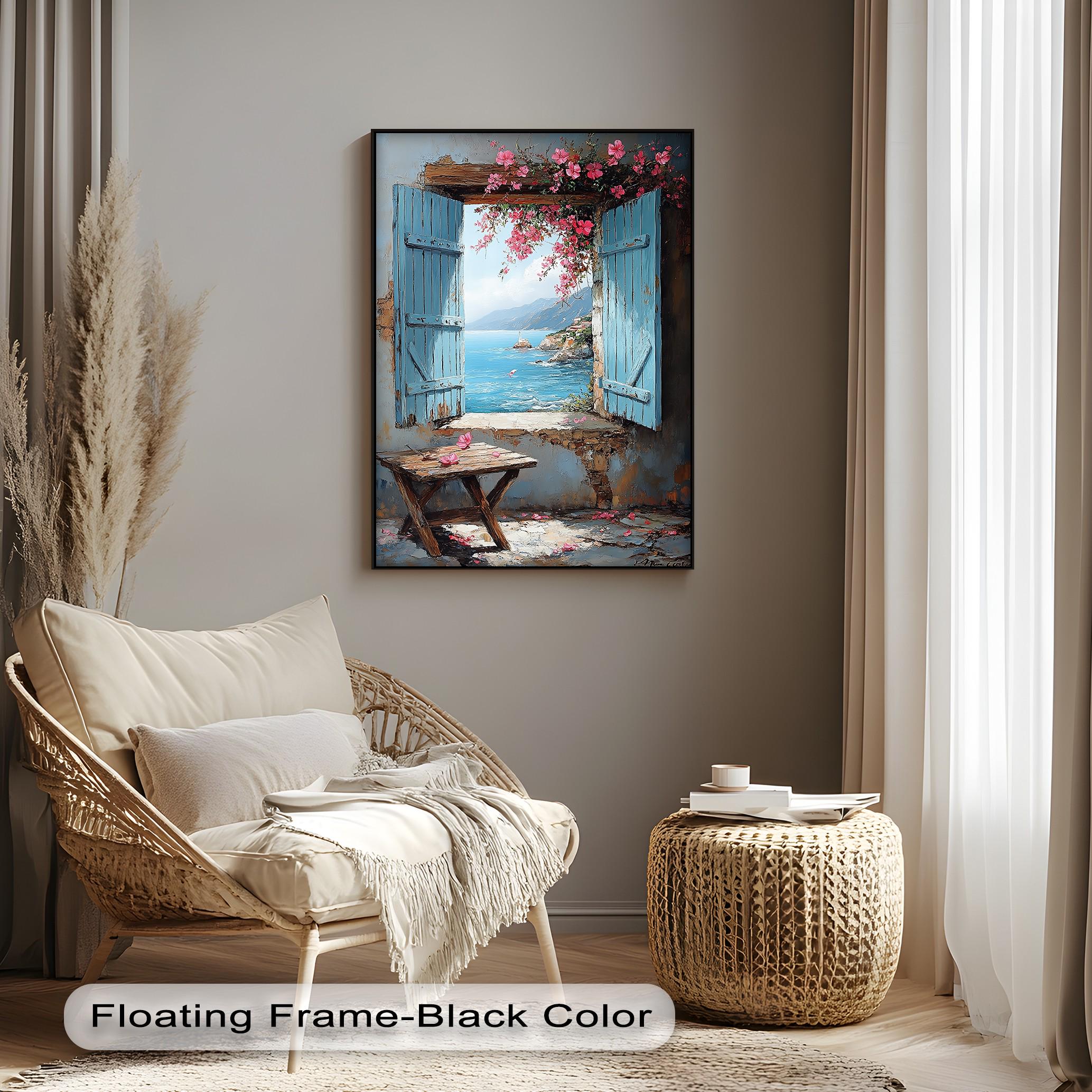 Mediterranean Seaside Canvas Art: Blue Shutters, Coastal Home