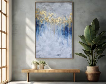 Gold and Blue Abstract Canvas Art: Luxury Modern Floating Frame