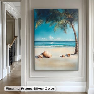 Quadro su tela con conchiglie sulla spiaggia tropicale - Poster con vista su palme e oceano, tela e stampa incorniciata per un rilassante arredo costiero