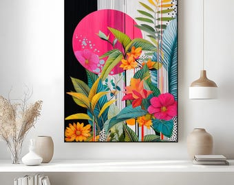 May include: A framed floral art print featuring a vibrant design. The artwork showcases a large pink circle, colorful flowers, and lush green foliage against a black and white striped background. The frame is black, and the text "Floating Frame-Anthracite Color" is at the bottom.