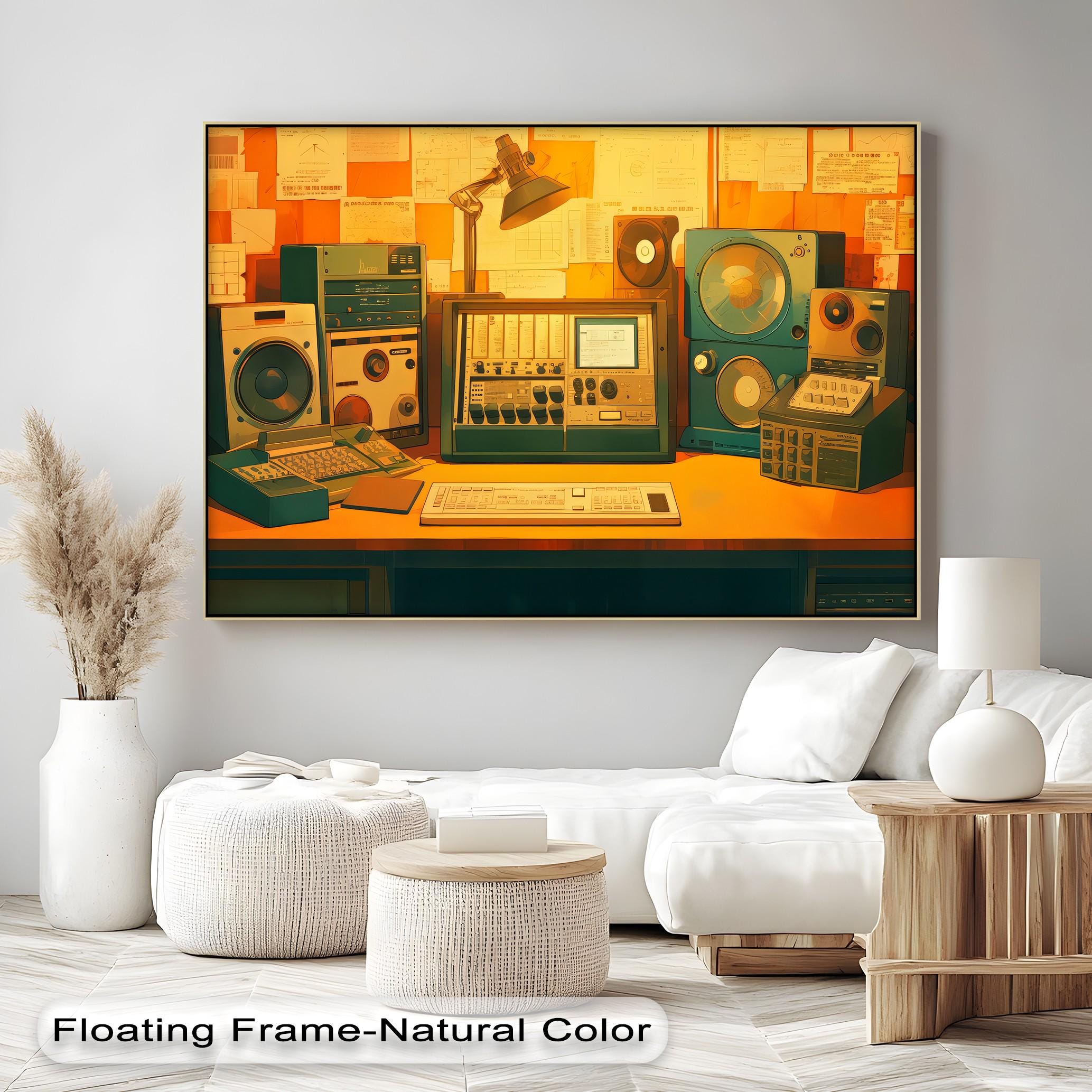 Retro Audio Equipment Canvas Art: Gold Frame, Vintage Music Studio