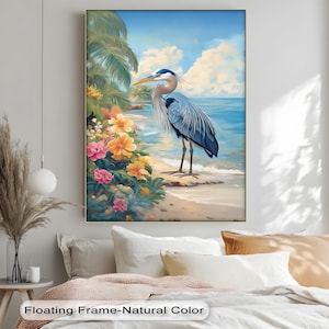Stampa su tela con airone tropicale – Stampa di spiaggia costiera con fiori, scena di tramonto sull'oceano per soggiorno e camera da letto, stampa su tela