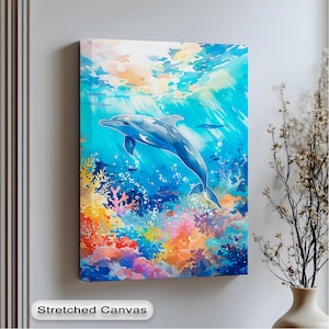 Quadro murale con delfini sottomarini - Scena oceanica vibrante su tela per cameretta dei bambini, casa al mare o arredamento da bagno costiero, quadro murale su tela