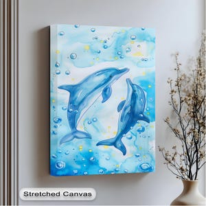 Playful Dolphin Duo Wall Art – Blue Ocean Themed Canvas with Floating Silver Frame, Coastal Bathroom & Kids Room Decor, Canvas Wall Art
