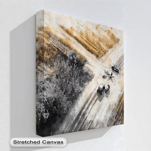 Farming Fields Aerial Wall Art, Rustic Harvest Canvas Print with Tractors, Modern Agricultural Landscape Poster for Home Decor