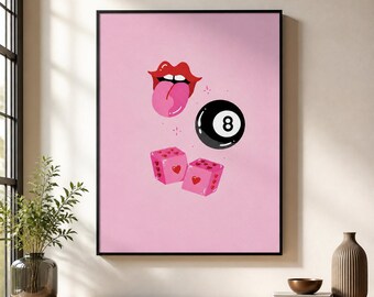 Pink 8 Ball Canvas Wall Art, Red Lips and Heart Dice Print, Framed or Stretched Large Vertical Game Room Decor