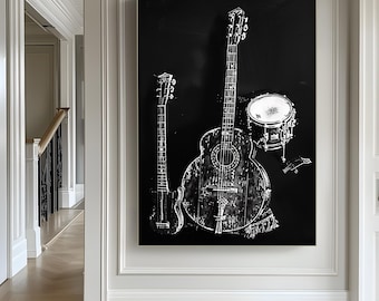 Black Music Wall Art: Guitar & Drum Canvas Print