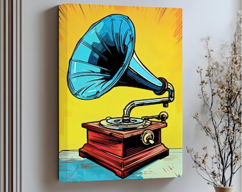 May include: A stretched canvas print featuring a vintage gramophone illustration. The artwork showcases a blue horn and a red wooden base against a yellow background. The text "Stretched Canvas" is visible at the bottom.