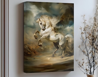 Rearing White Stallion Canvas Art: Equestrian Black Floating Frame