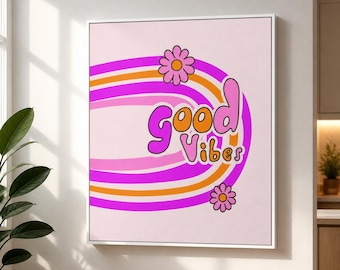 Good Vibes Framed Canvas Wall Art, Retro Rainbow Floral Print, Pink Orange Groovy Decor for Bedroom Dorm Room Living Room