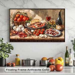 Italian Kitchen Canvas Art: Rustic Food Still Life with Wine