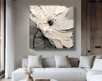 Textured White Flower Canvas Art: Gold Floating Frame, Elegant Floral Wall Decor