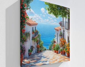Colorful Mediterranean Coastal Village Canvas Wall Art With Boats and ...